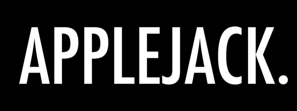 Applejack Hospitality Logo. Black background with the word Applejack in with text.
