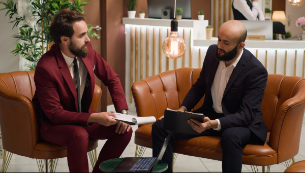 Two men having a coaching discussion at work