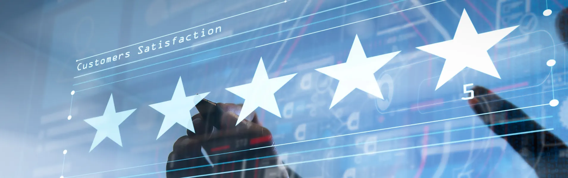 Hand taps a digital five-star customer satisfaction rating interface, with “Customer Satisfaction” text and large star icons on a futuristic screen.