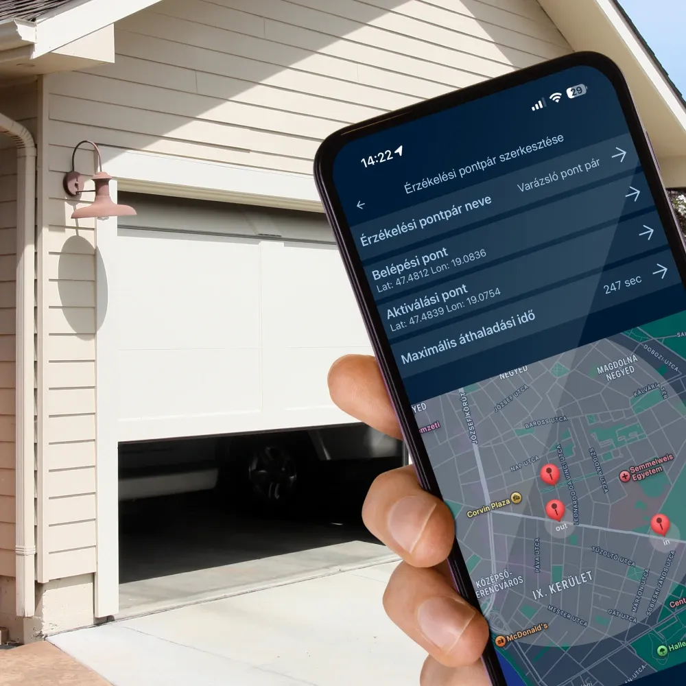 Hand holds a smartphone showing a map-based app with location pins and menu labels, in front of a house garage with the door open.