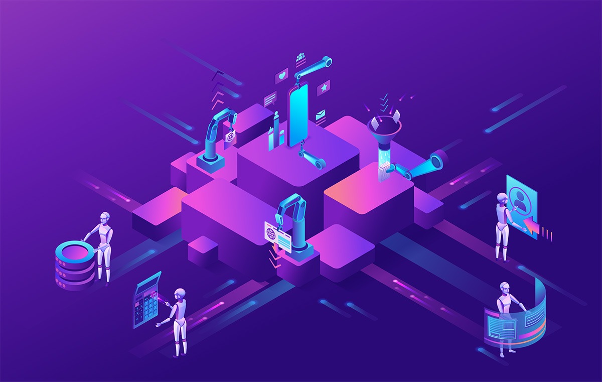 Futuristic isometric illustration of an AI-driven automation platform with robotic arms, data streams, and people interacting with digital dashboards on a purple background.