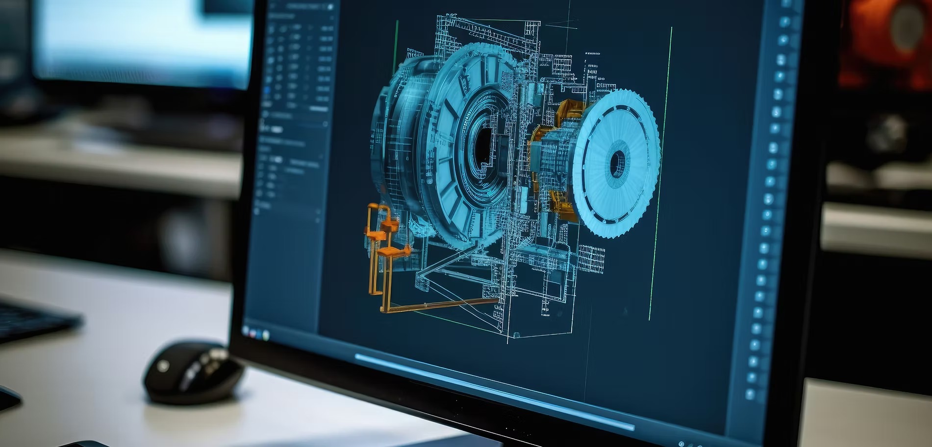 Computer monitor displaying a detailed 3D CAD model of an industrial mechanical assembly with exploded components.