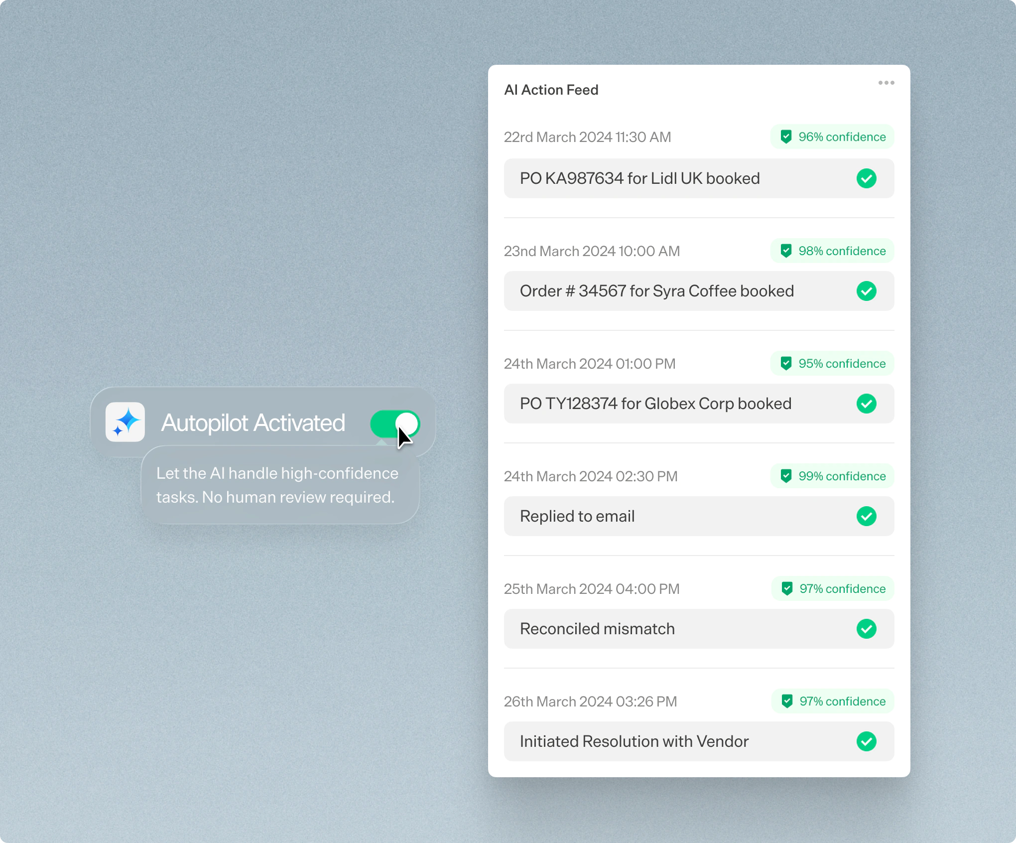 Digital workflow collage with a headset-wearing man centered; top-left file icon labeled “final_v8.pdf”; left-side PO table showing FOB-ASG202506 entries with statuses On time, Delayed, Escalated and next actions Approve; right-side notifications including call from William Gallagher, “Goods didn’t pass QC!” at 9:41 AM, payment question from Sebastian Waltz, “Quality control rejected” from Elvia Atkins at 12:55 PM, “Microsoft Dynamics Not connected”; bottom-right tag “#FOB-ASG202506 — WG Productions — Mismatch.”