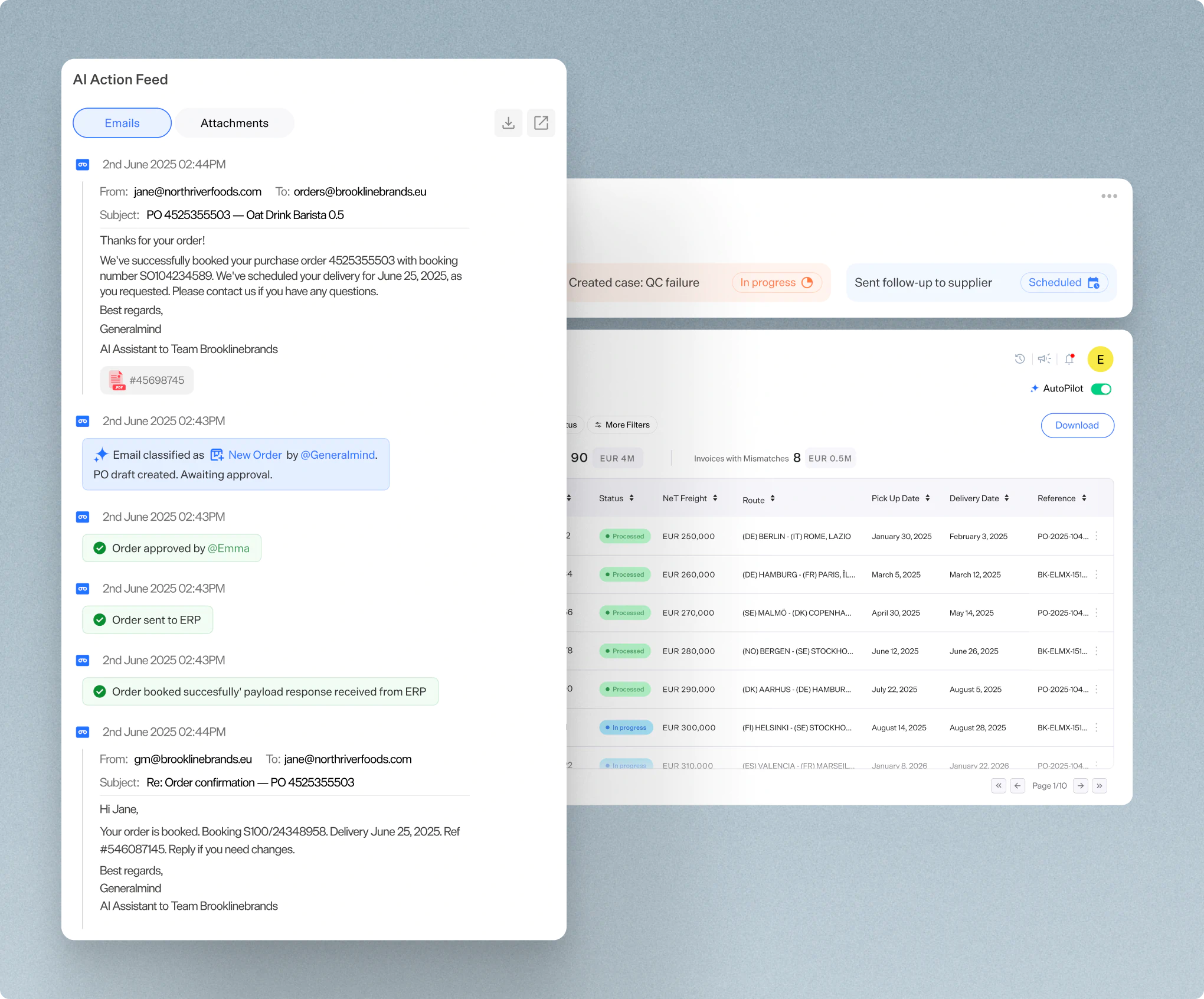 Screenshot of an Outlook inbox with email messages including a highlighted AI Action Feed displaying tasks: PO extracted as done, QC failure case in progress, and supplier follow-up scheduled.