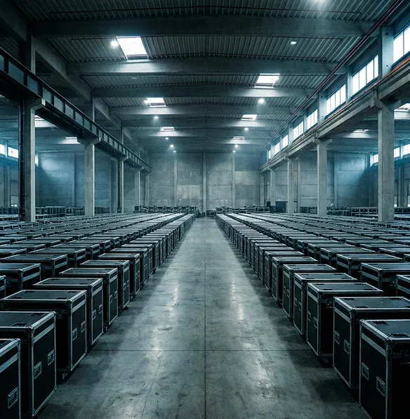 Vaste entrepôt logistique industriel rempli de rangées infinies de flight cases noirs alignés.