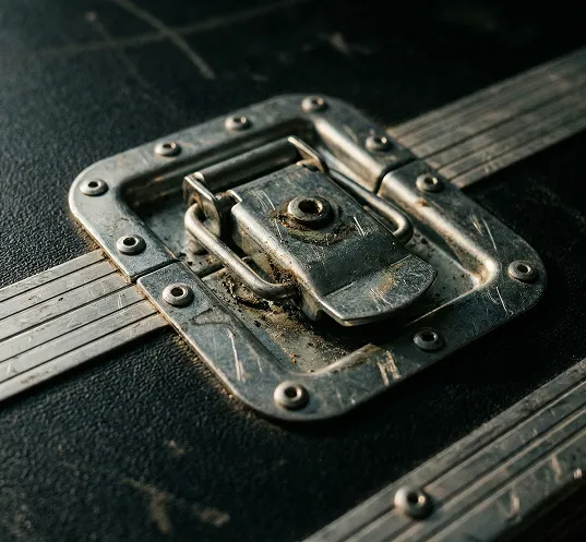 Gros plan sur la fermeture métallique usée d'un flight case noir texturé