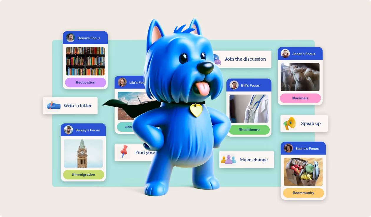 Blue cartoon dog with a cape and heart-shaped tag standing confidently surrounded by cards featuring people focused on education, environment, immigration, healthcare, animals, and community topics.