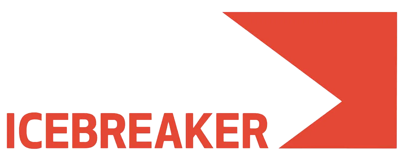 Logo with the word ICEBREAKER in bold red letters next to a red right-pointing arrow shape.