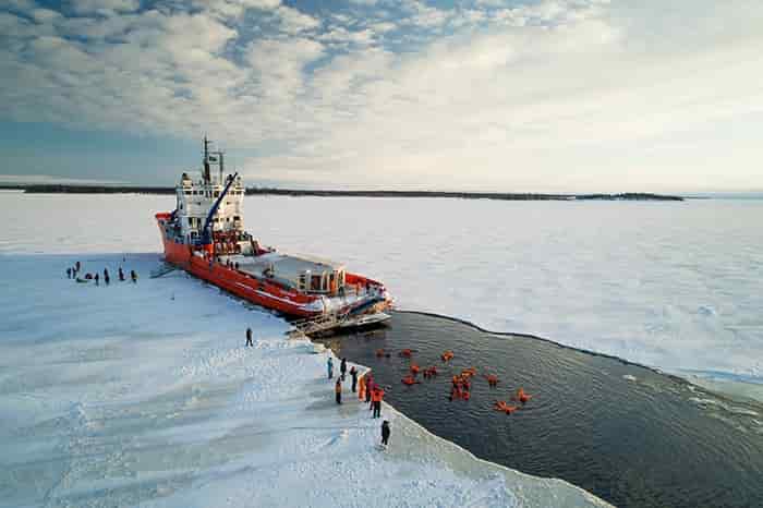 MV Polar Explorer icebreaker breaking the frozen sea of the Bothnian Bay
