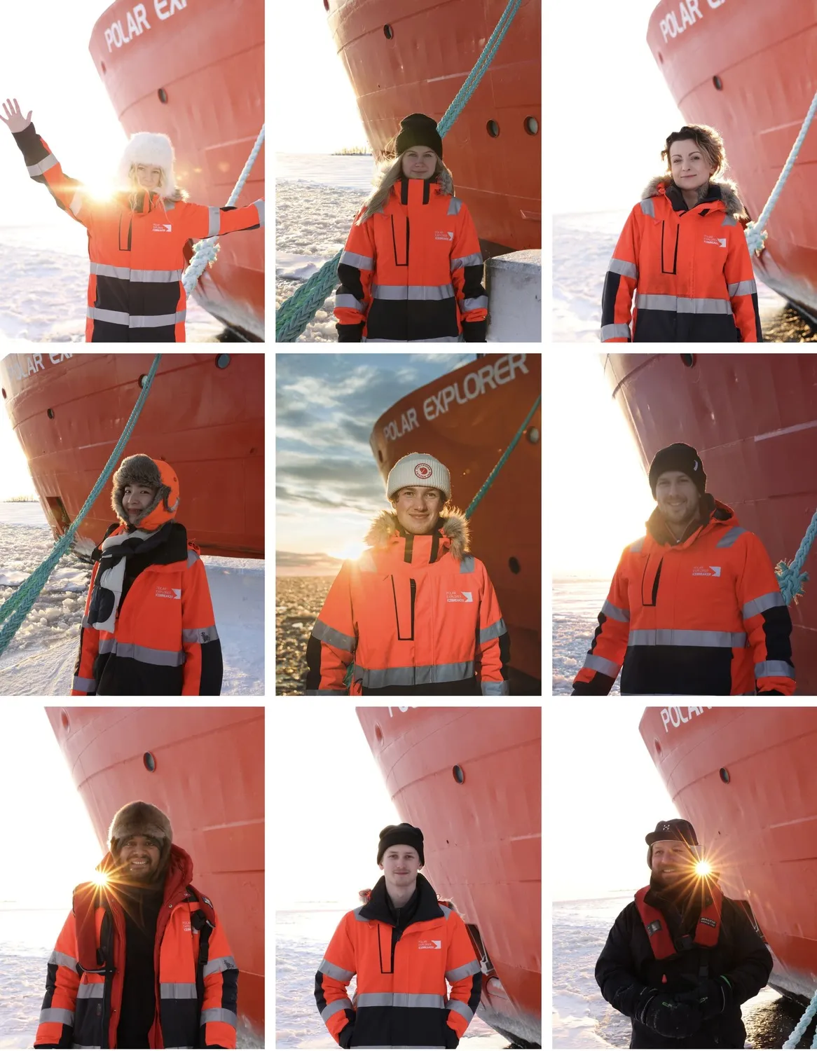 Nine portraits of people wearing bright orange polar expedition jackets standing in front of a red ship named Polar Explorer, with snowy ground and sunset in the background.