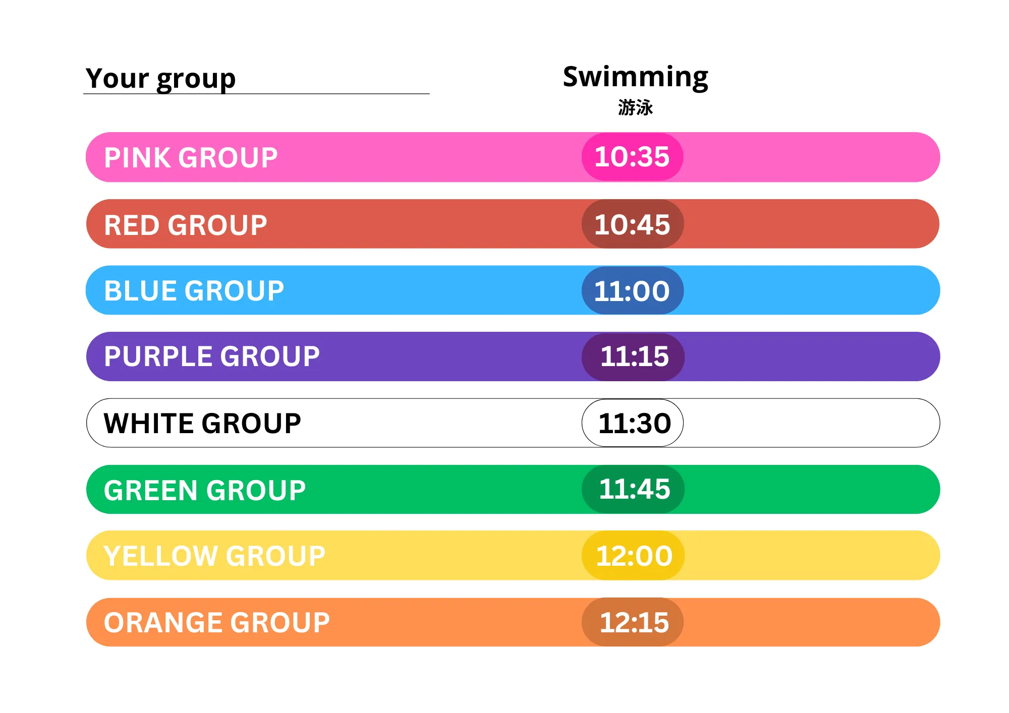 Swimming schedule for groups: Pink at 10:35, Red at 10:45, Blue at 11:00, Purple at 11:15, White at 11:30, Green at 11:45, Yellow at 12:00, Orange at 12:15.