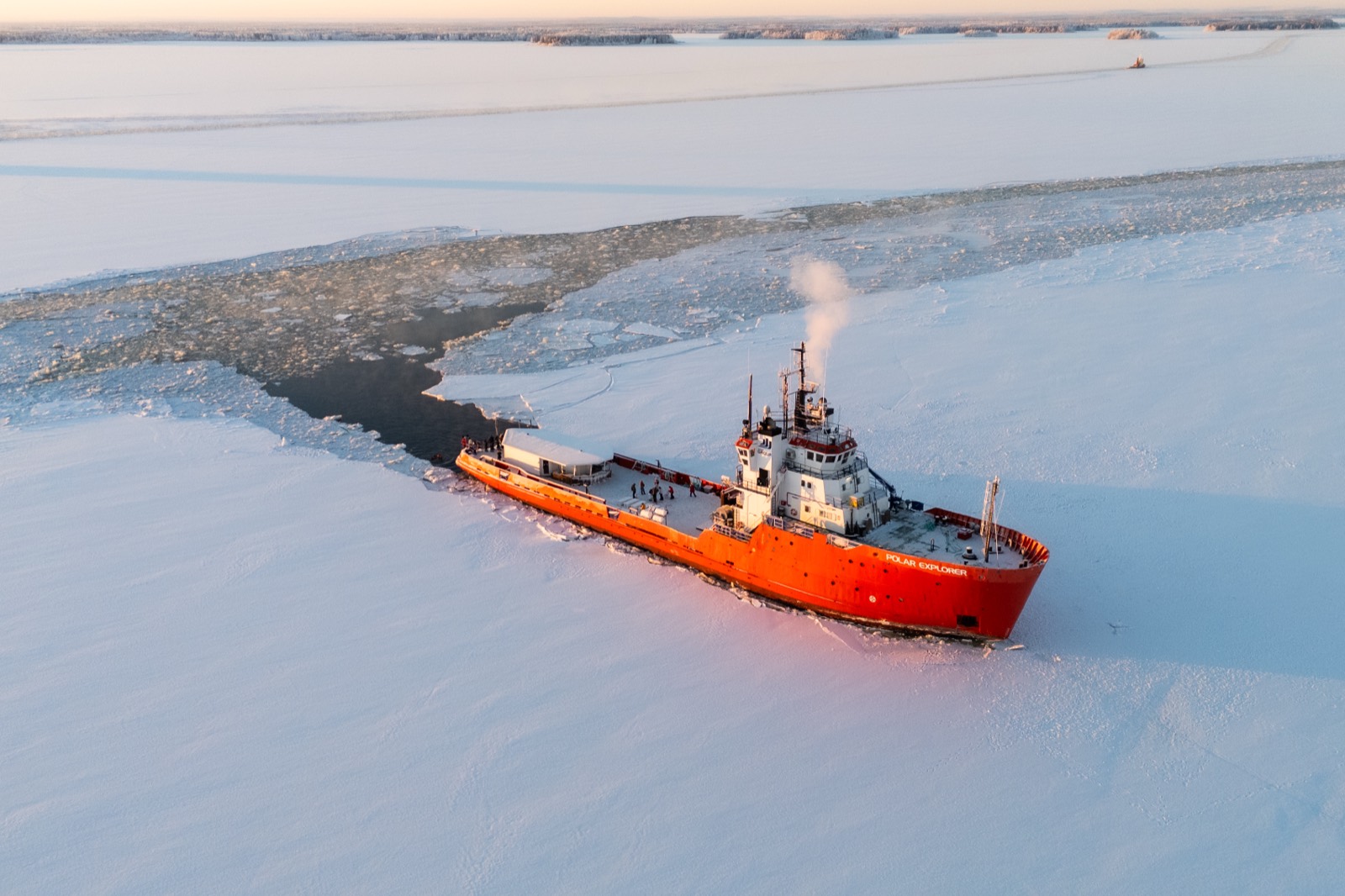 Polar Explorer Icebreaker cruising through frozen Bothian Sea in Swedish Lapland