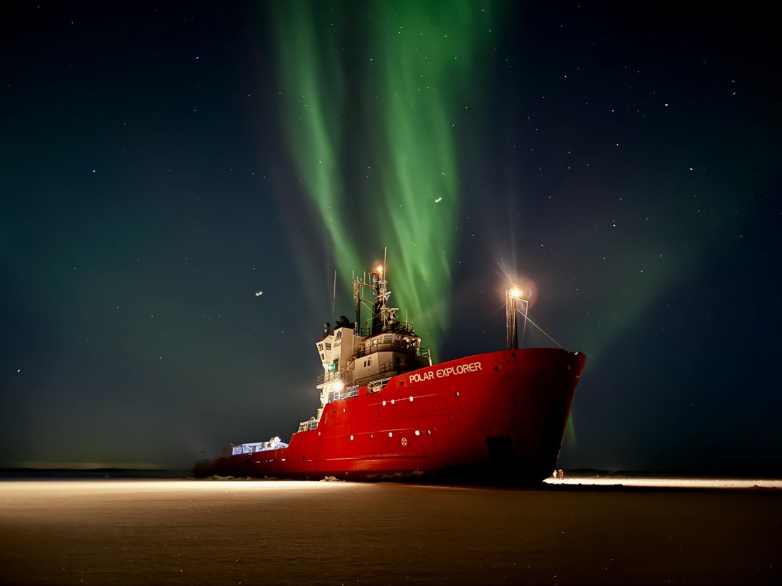 Polar Explorer icebreaker ship in Axelsvik port, Swedish Lapland