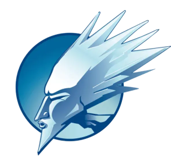 Stylized blue and white profile of a human face with sharp, elongated spiked hair set against a circular background.