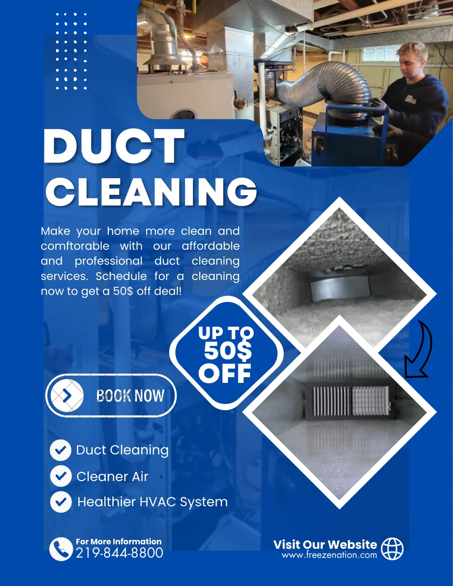 Flyer promoting duct cleaning services offering up to $50 off, depicting a technician working on ducts and images of clean ventilation ducts.