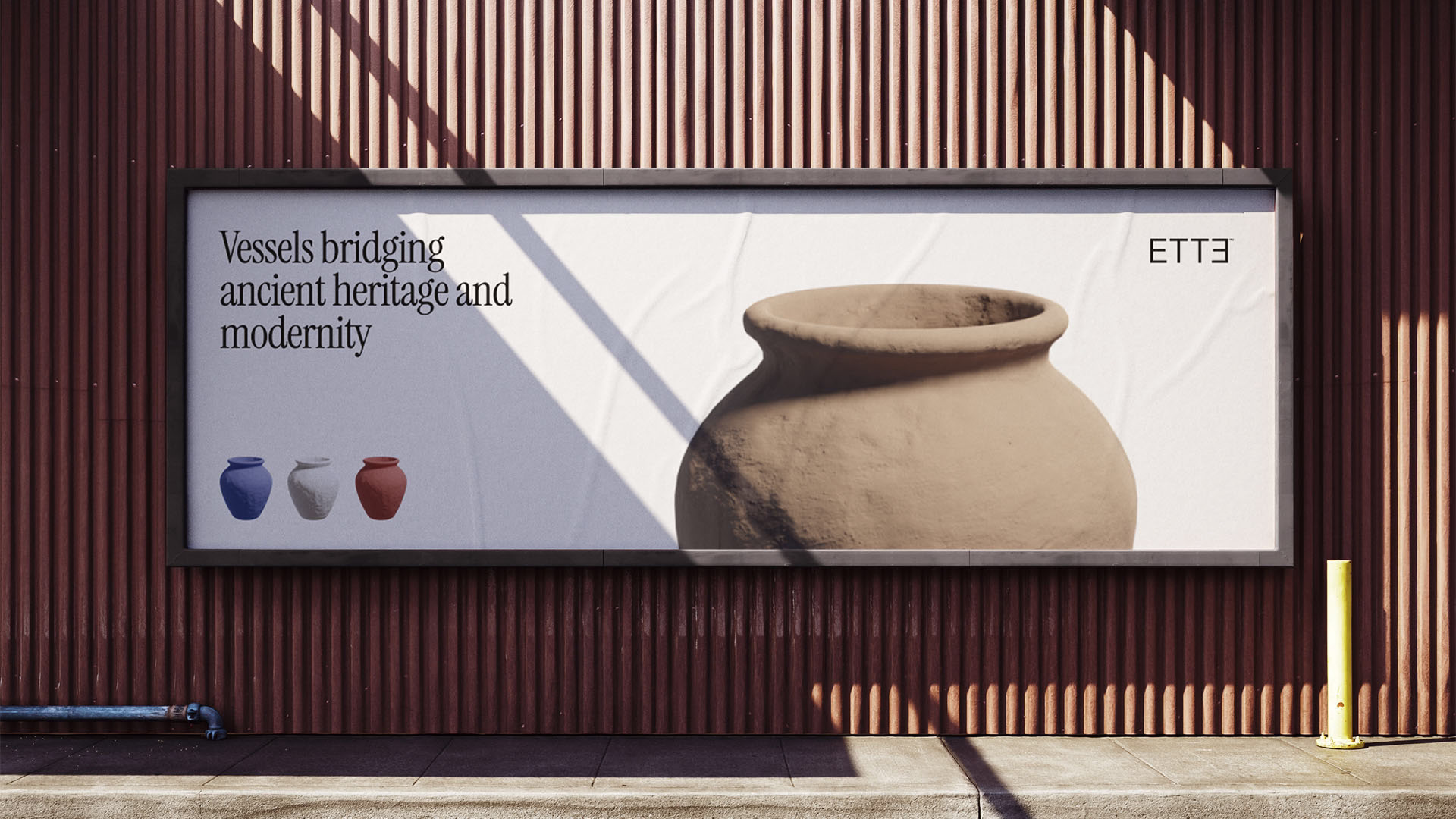 Outdoor billboard featuring a large beige vessel and the text 'Vessels bridging ancient heritage and modernity' with three small colored vessels below the text.