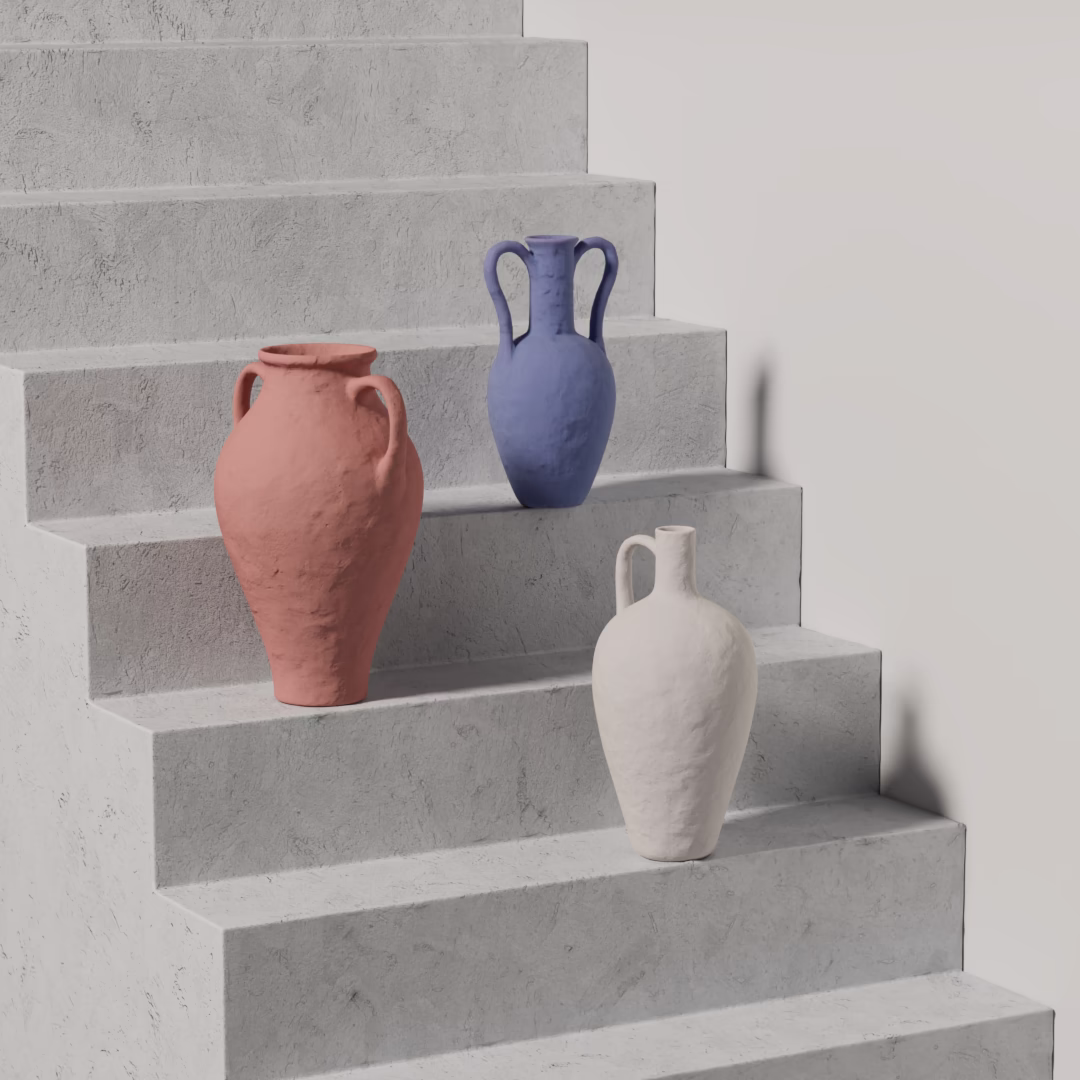 Three textured ceramic vases placed on gray concrete stairs.