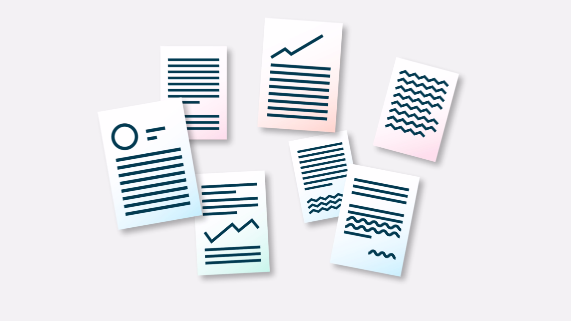 Illustration of seven stylized documents with text lines and various charts scattered on a light background.