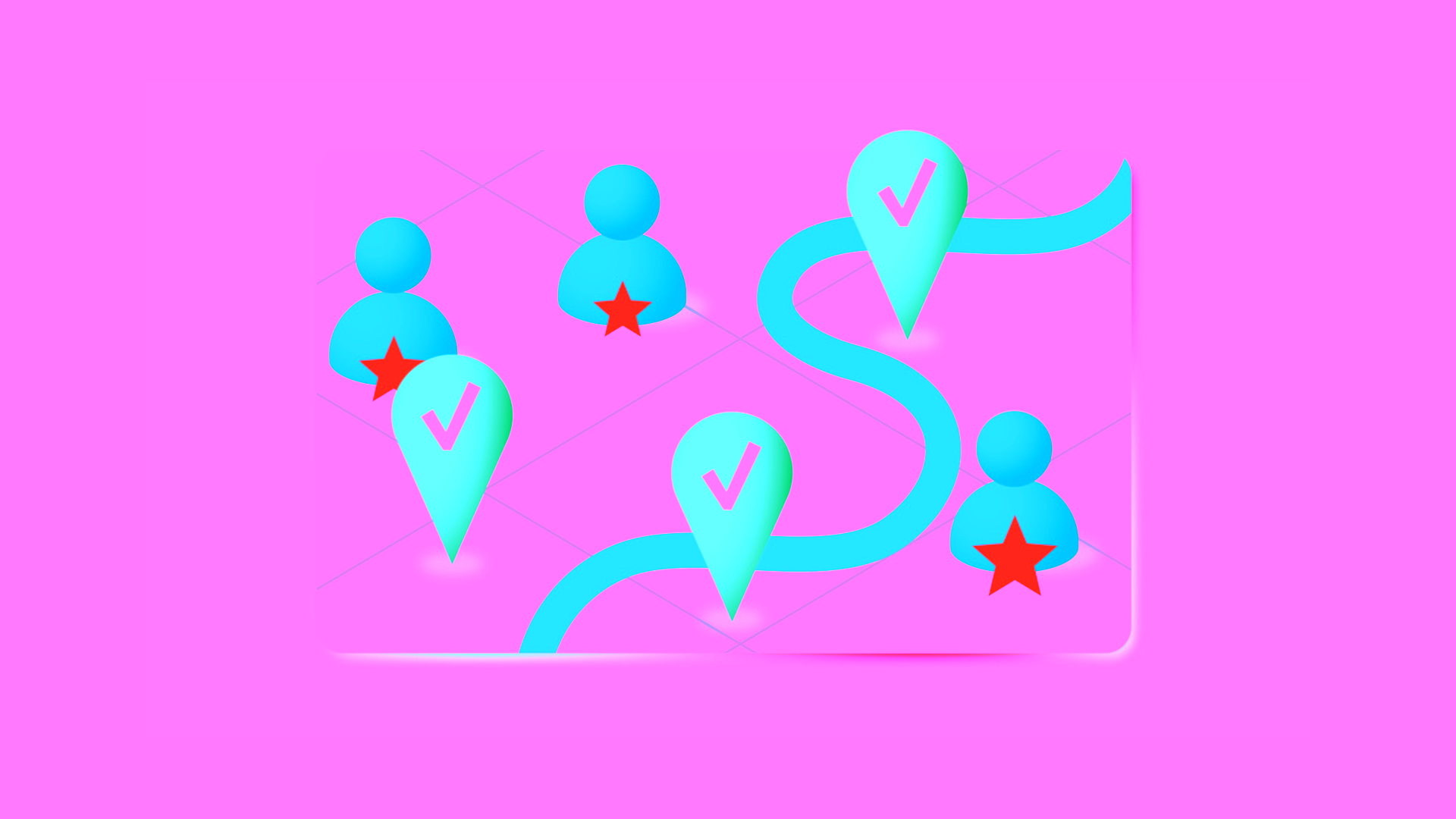 Illustration of map with blue user icons marked by orange stars and green location pins with white check marks.