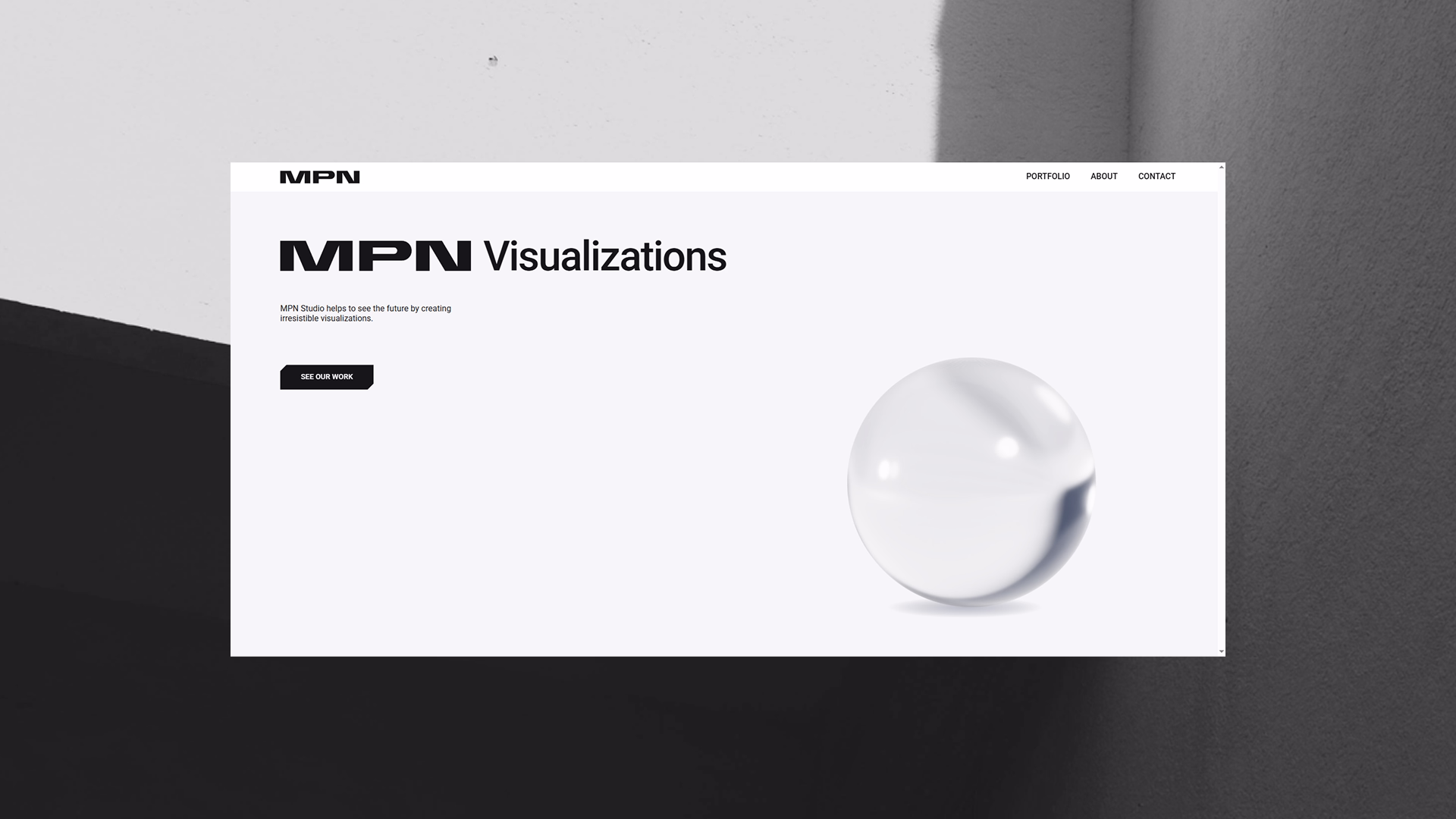 Website landing page titled MPN Visualizations with a transparent glass sphere on the right and a 'See Our Work' button on the left.