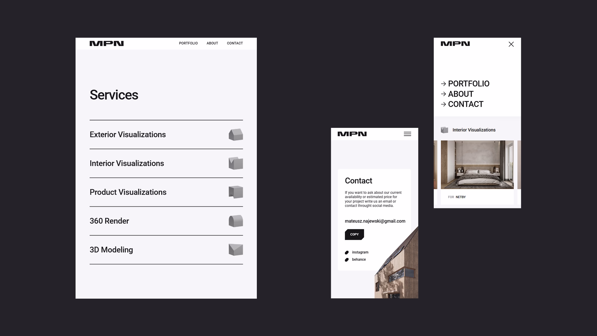 Three mobile interface screens of MPN website.