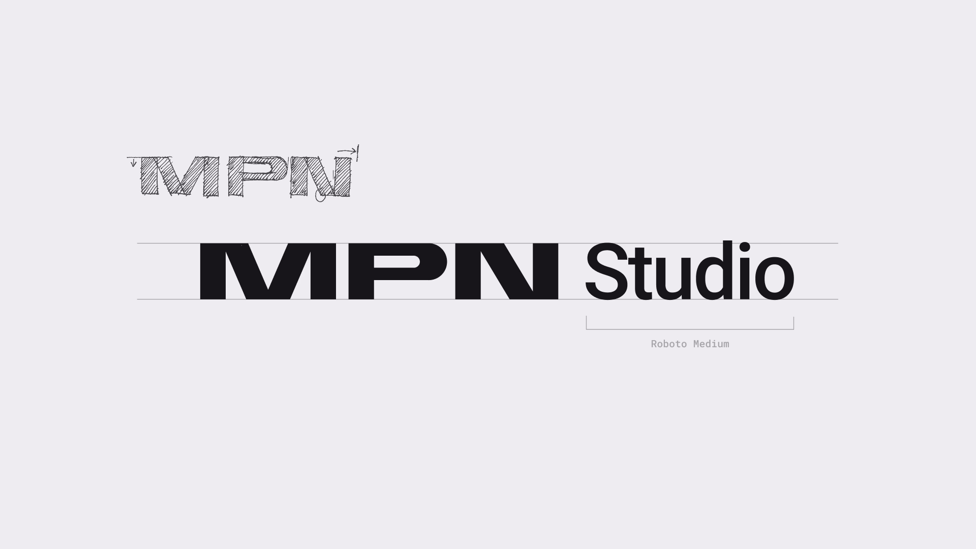 Logo design for MPN Studio showing a sketched uppercase MPN above and bold MPN next to Studio in Roboto Medium font below.