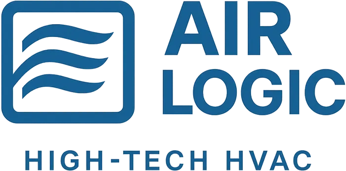 Logo for Air Logic High-Tech HVAC featuring stylized blue airflow waves inside a rounded square and bold blue text.
