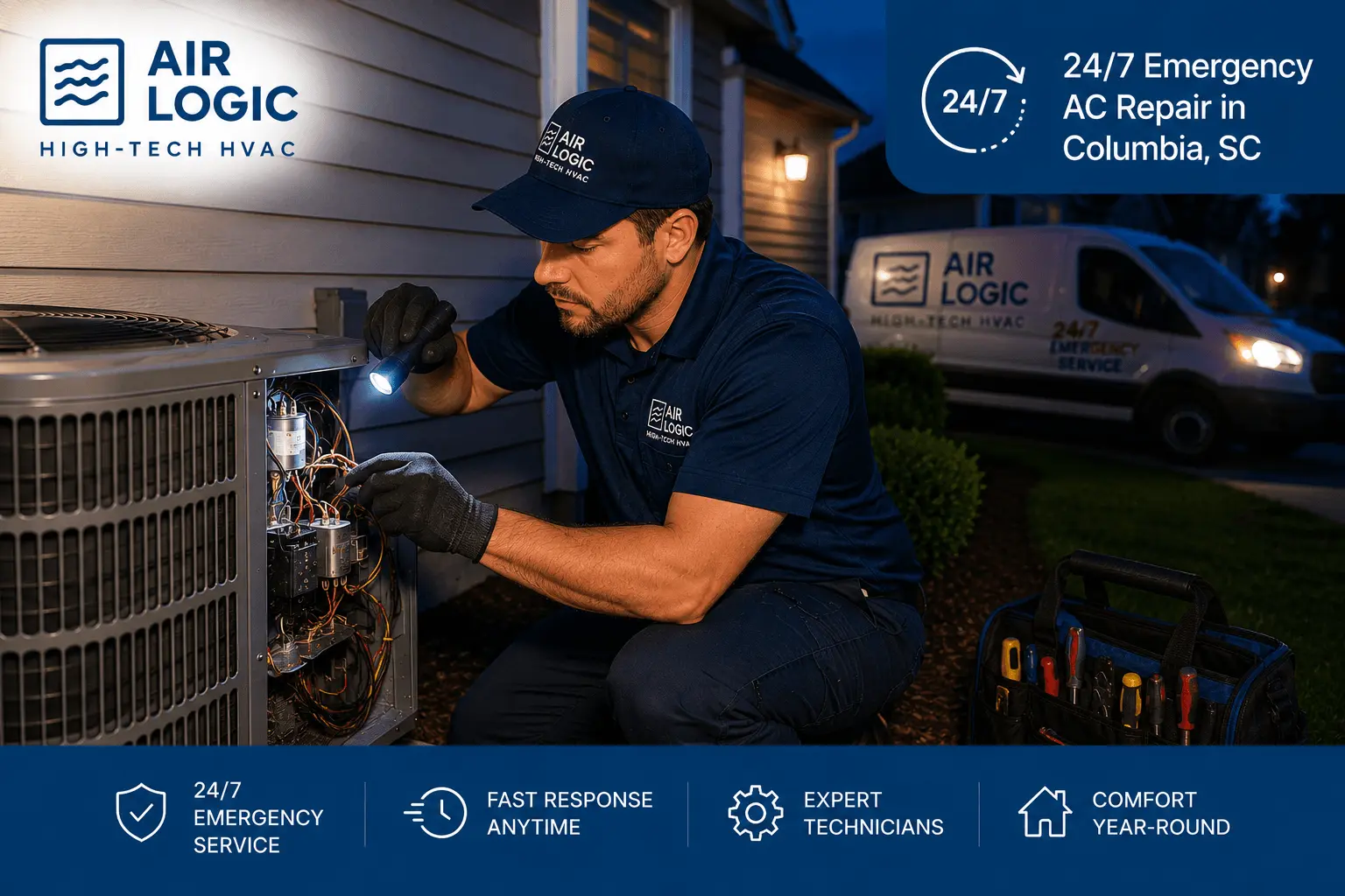 emergency ac repair technician working at night