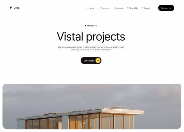 Website landing page titled 'Vistal projects' with navigation menu, a call-to-action button, and a modern building image.