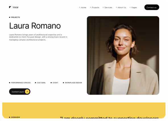 Website profile page for Laura Romano, showing a portrait of a smiling woman in a beige blazer with short hair, alongside a brief bio of her architectural expertise.