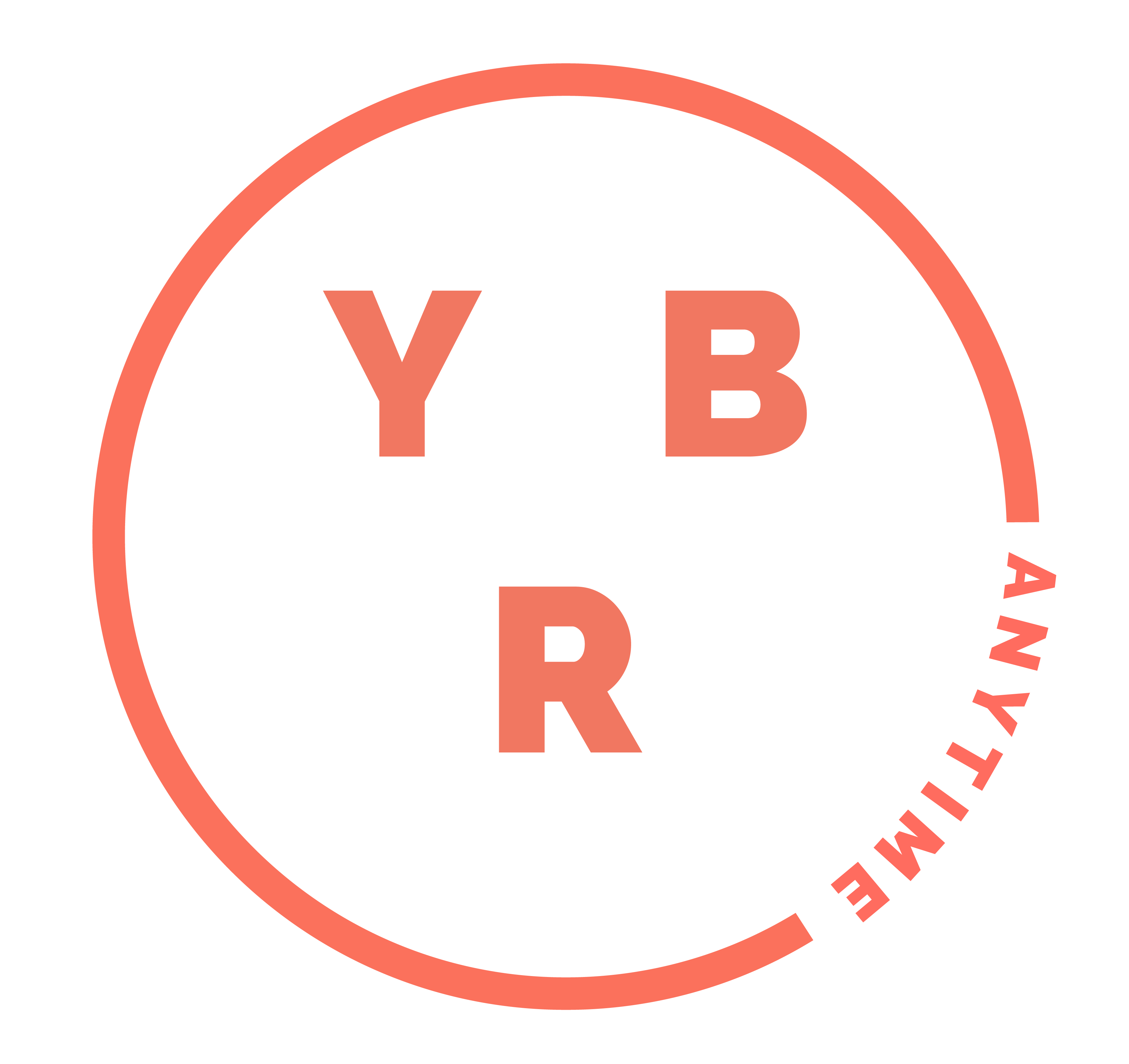 Circular logo with coral-colored letters Y, B, and R inside and the word ANYTIME curved along the circle's right edge.
