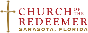 Logo of Church of the Redeemer Sarasota, Florida featuring a gold cross to the left and red and gold text.