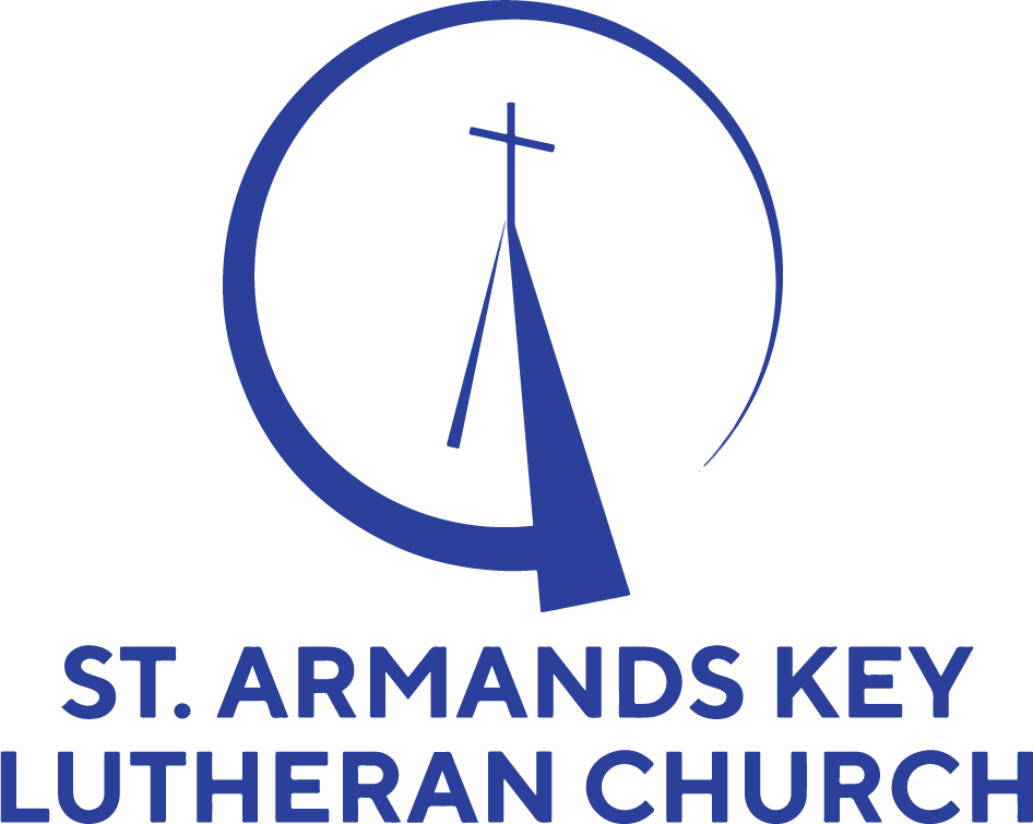 Blue stylized church steeple with a cross inside a circular design above text reading St. Armands Key Lutheran Church.