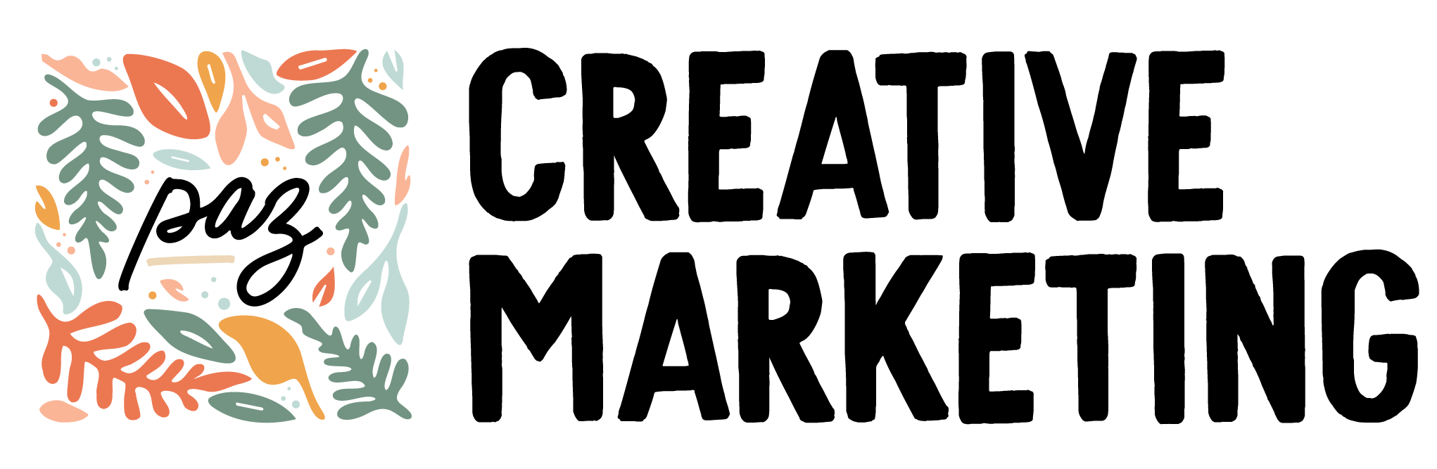 Paz Creative Marketing logo with colorful stylized leaves arranged in a square around the letter P and company name to the right.