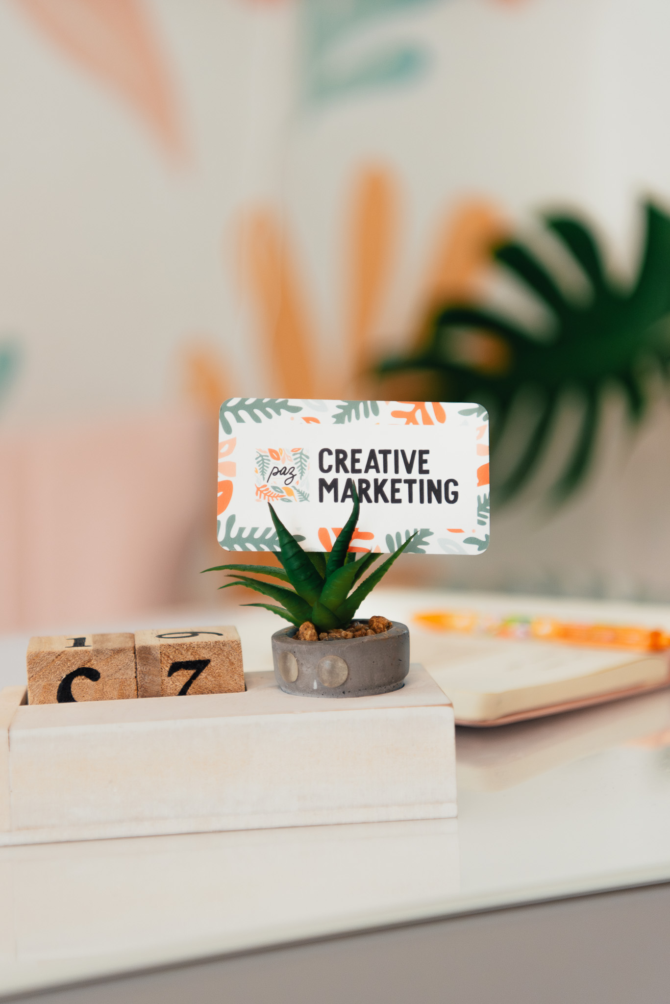 Small green succulent plant in a gray pot with a sign reading 'Creative Marketing' on a desk with wooden blocks showing the number 7.