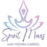 Logo with a stylized figure in a yoga pose above lotus petals, with the text 'Spirit Moves with Monika Clement' below.