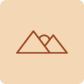 Icon of three overlapping brown outlined mountains on a beige background.
