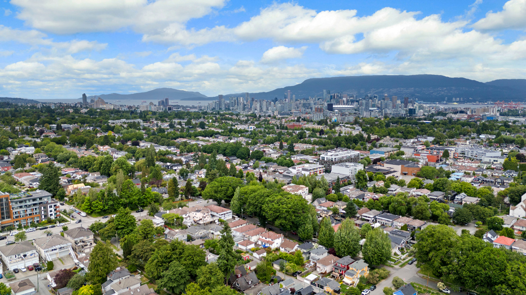 Aerial view of a suburban neighborhood with dense trees and a distant city skyline under a partly cloudy sky.
