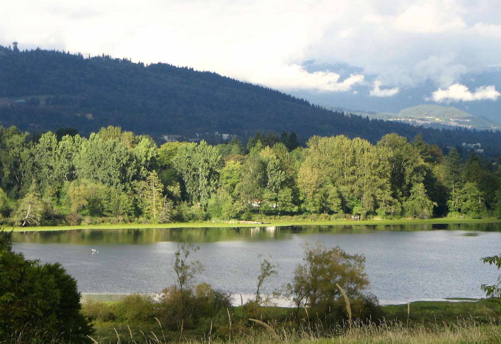 Calm Deer Lake, Burnaby reflecting green trees with forested hills and clouds in the background.