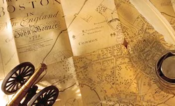 Historic Boston map on parchment with compass.