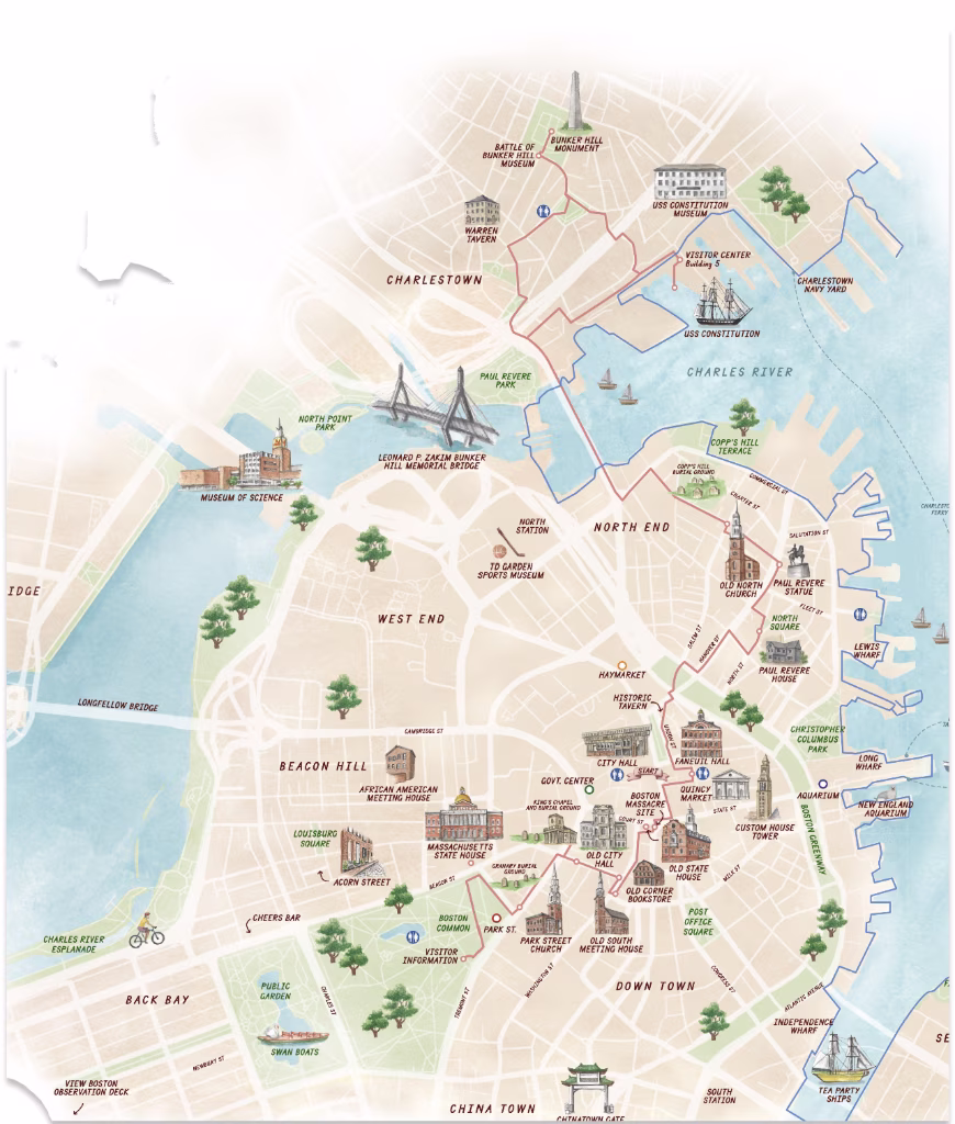 Detailed map of Boston highlighting key landmarks and paths along the Charles River.