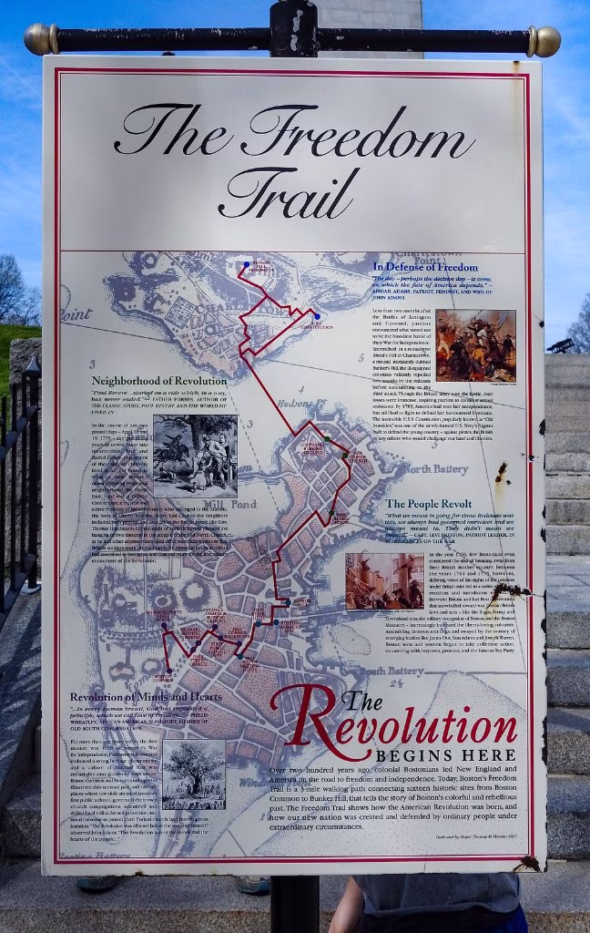 Freedom Trail map of Boston with red route line and revolutionary scenes.