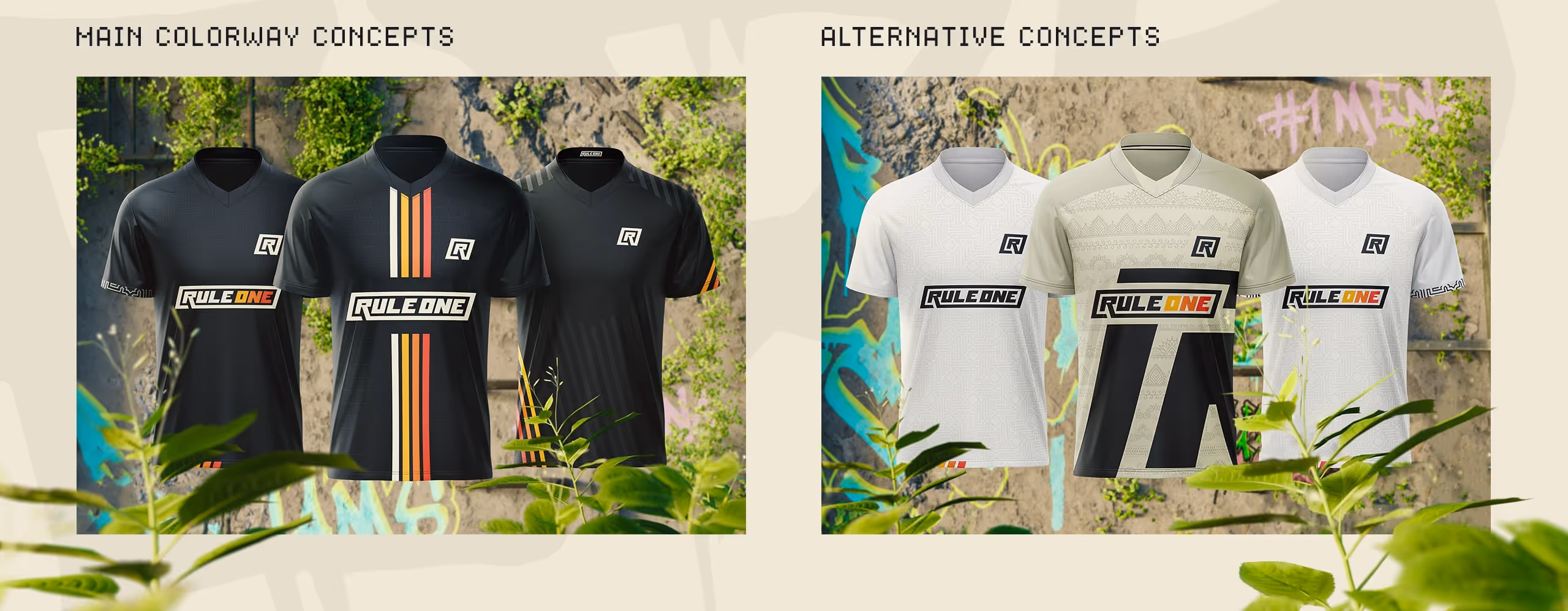 Six different jersey designs next to each other