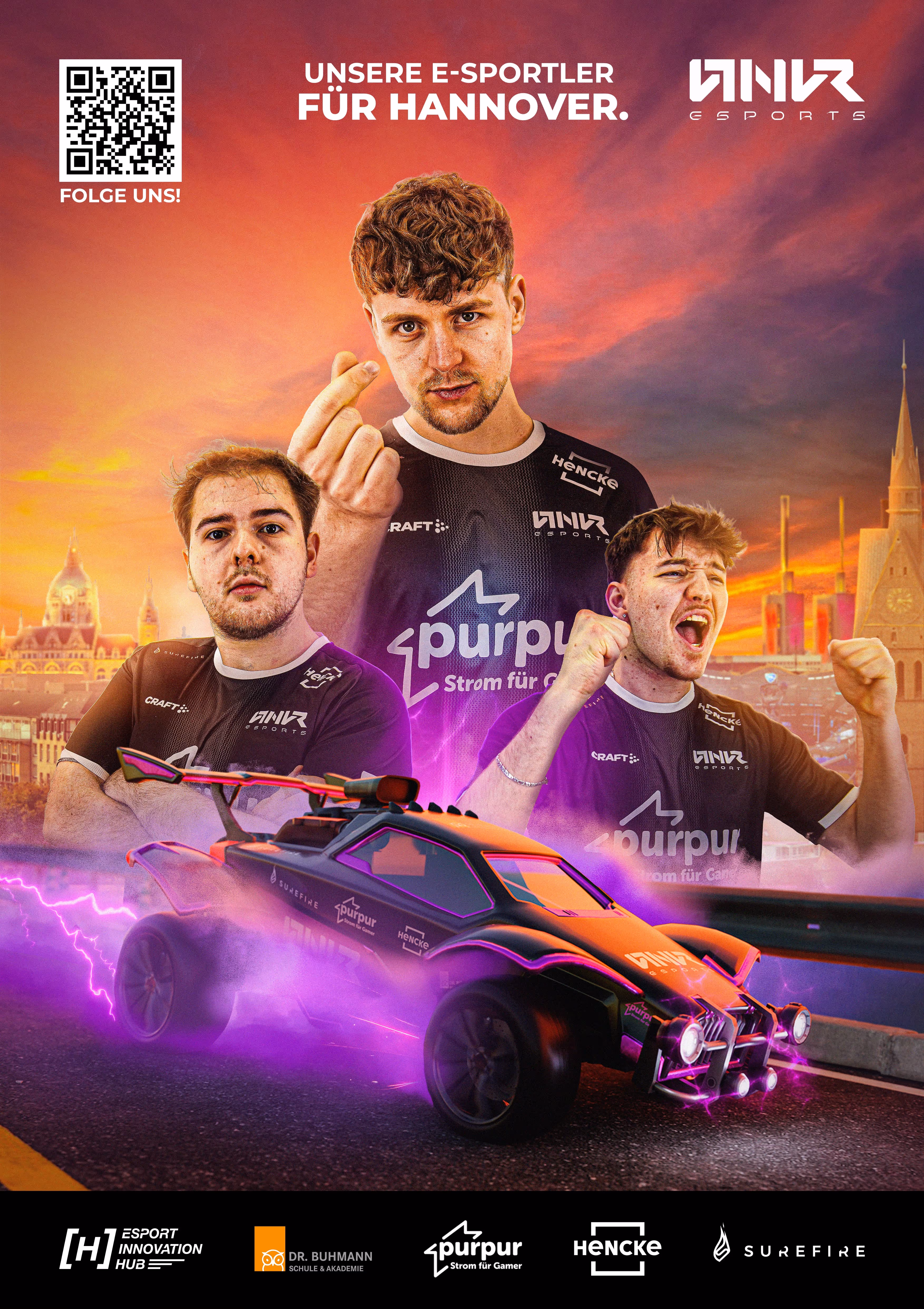 Three esports players wearing black Purpur team jerseys with a purple-lit Rocket League car in front, set against a sunset cityscape of Hannover with team and sponsor logos.