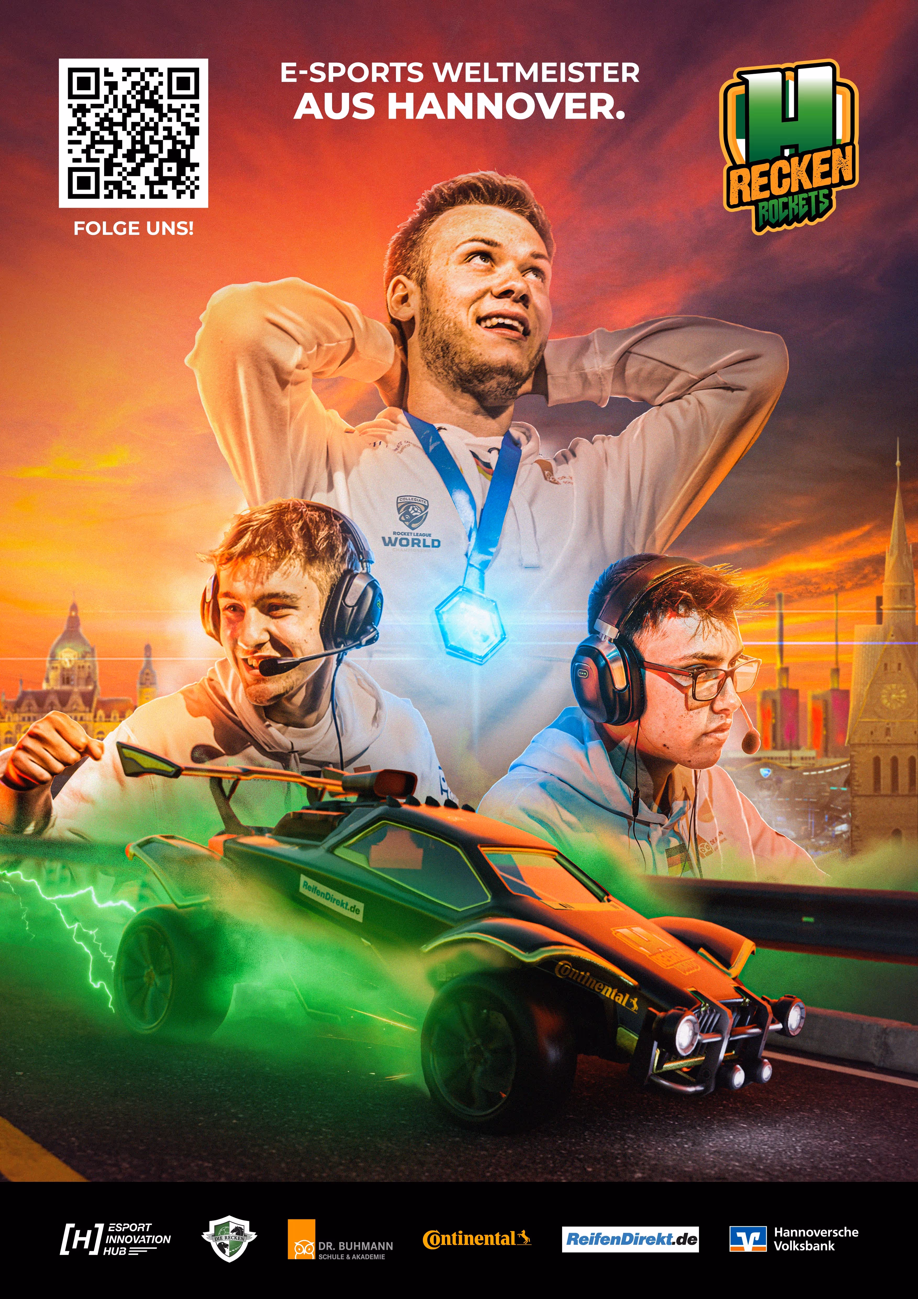Three esports players with headsets, one celebrating with a medal, a Rocket League car with green smoke, and a sunset city background.