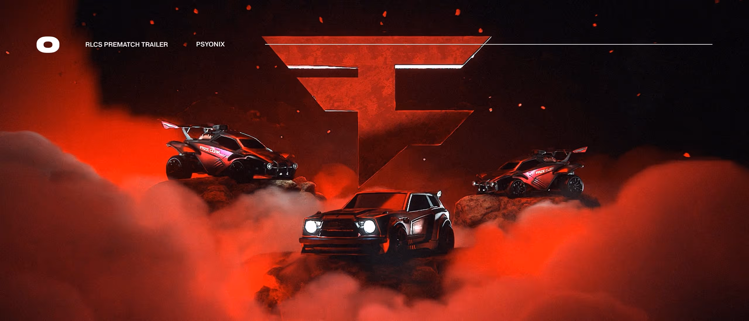 Three stylized cars in red and black with fog and rocks, set against a large red FaZe Clan logo.