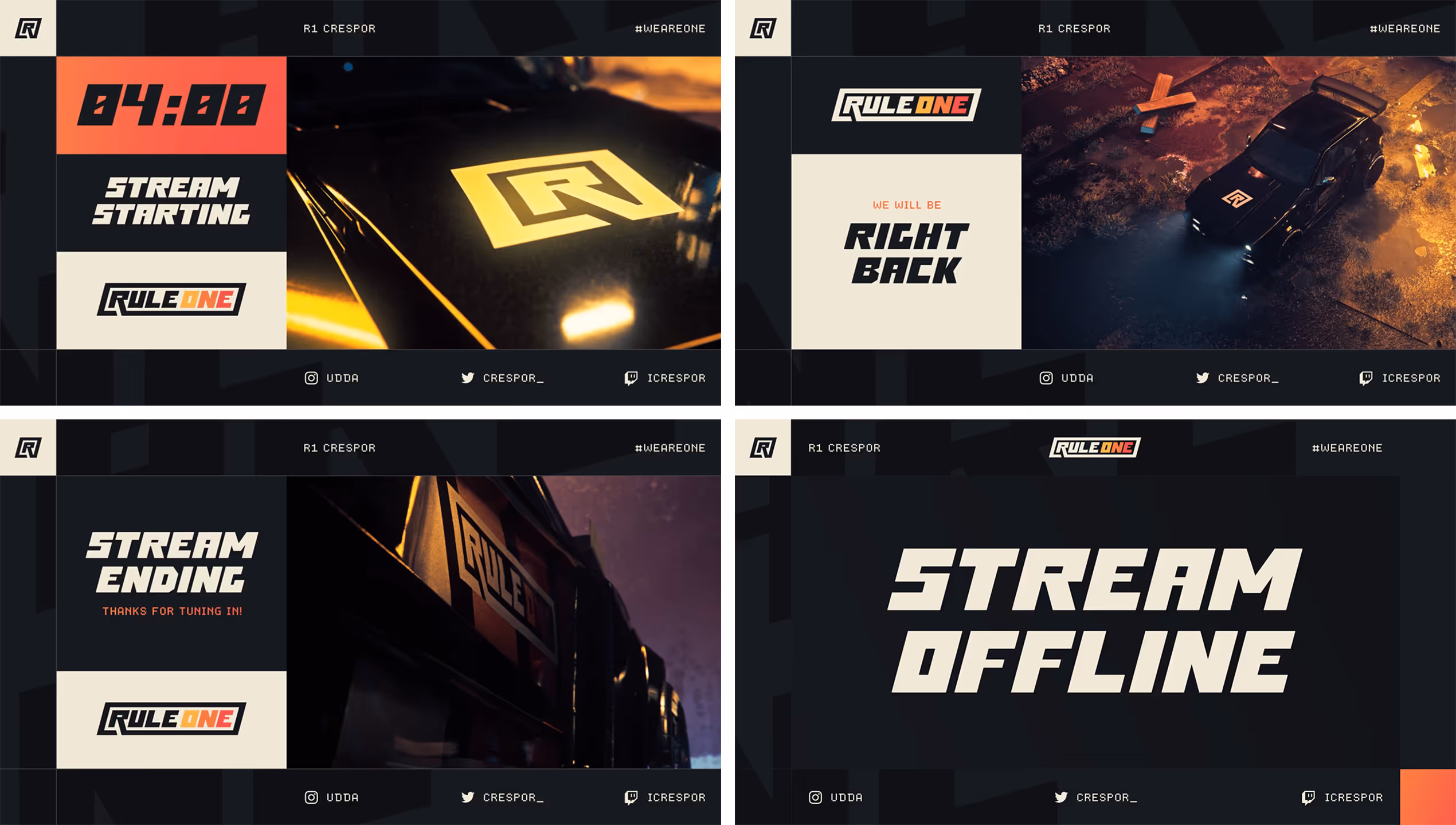 Collage of four streaming screens with Rule One branding: countdown timer with 'Stream Starting', 'We will be right back' with a car at night, 'Stream Ending' with thanks message, and 'Stream Offline' message.