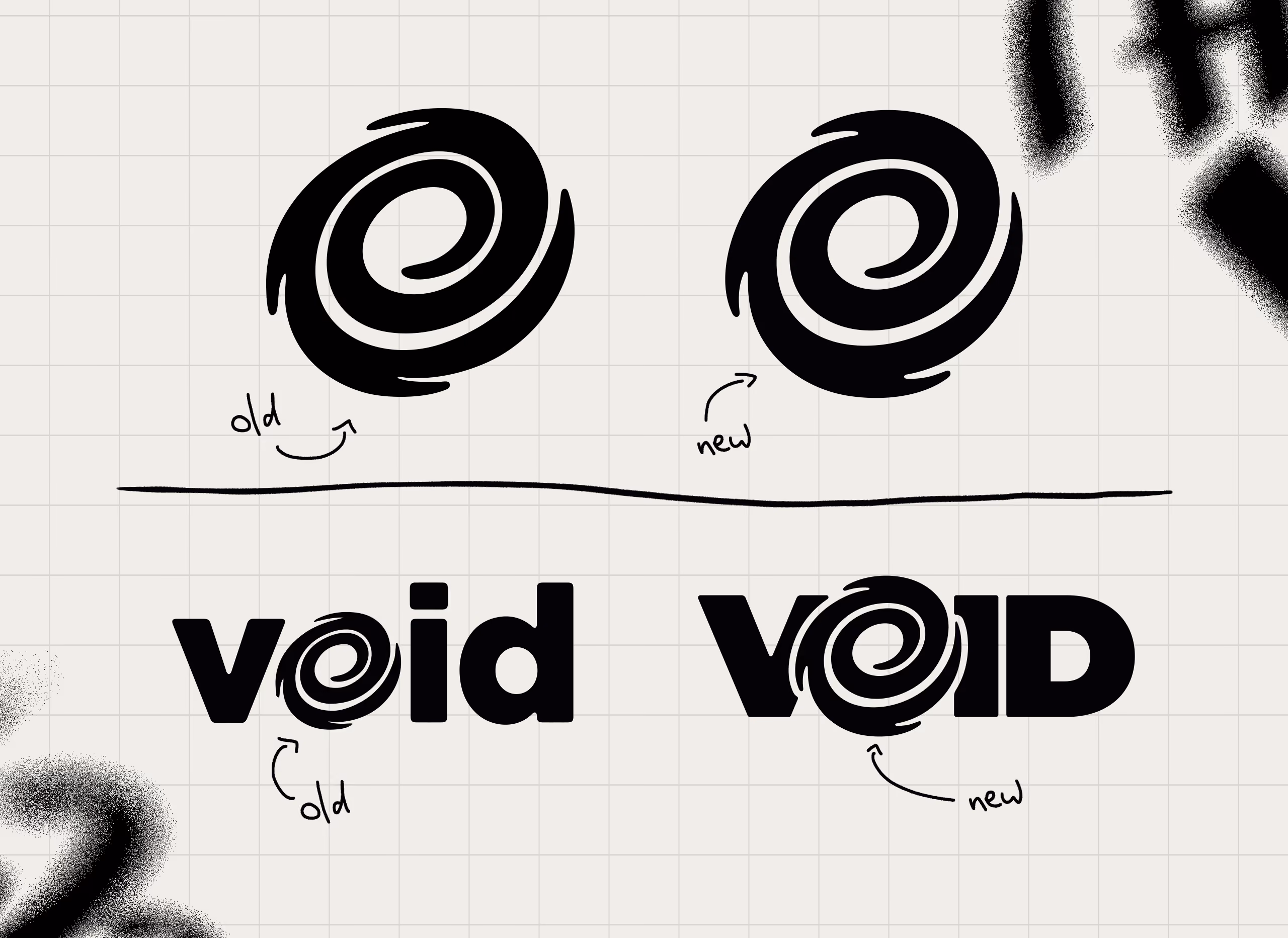 Comparison of old and new void logos with spiral designs above and within the word 'void'.