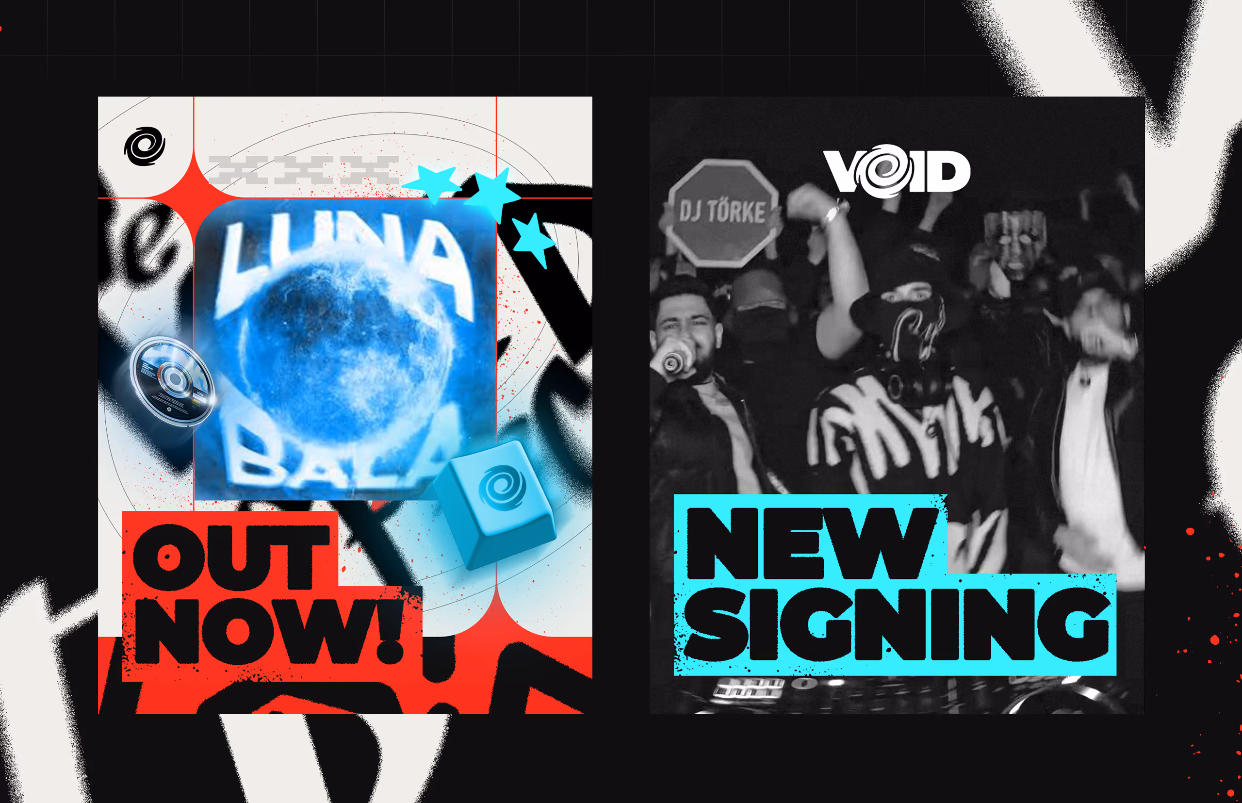 Blue-themed album cover with a moon and text 'Luna Bala' and a black-and-white photo of masked people.