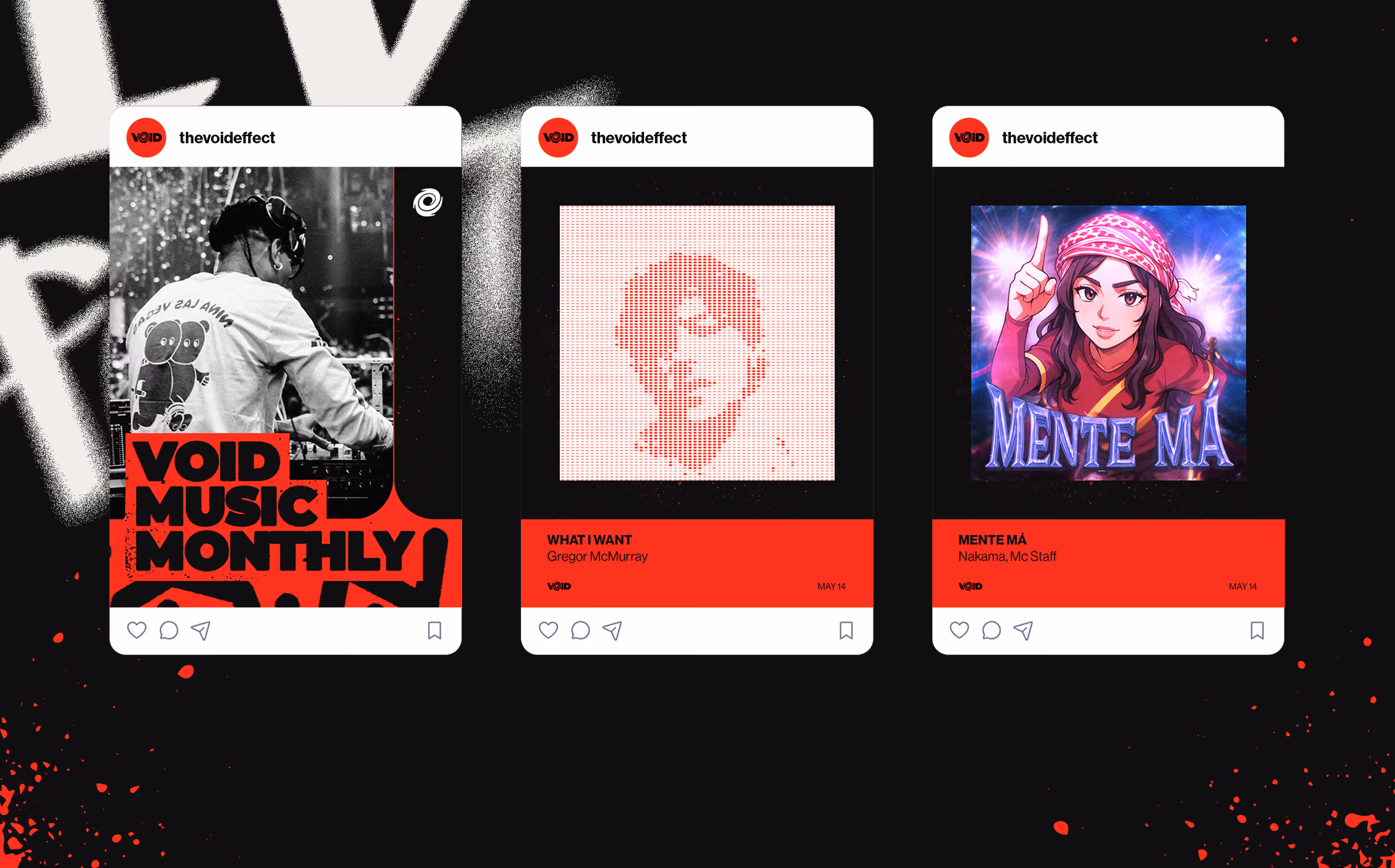 Three social media post previews from thevoideffect with music promotion visuals and artist names.